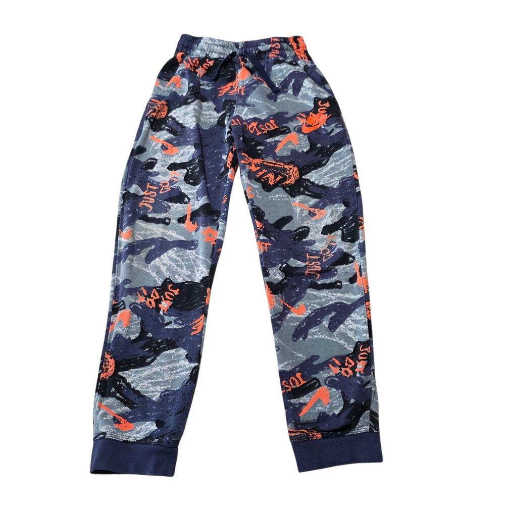Nike Boys Jogger Sweatpants M Gray Navy Orange Camo Just Do It Swoosh Fleece